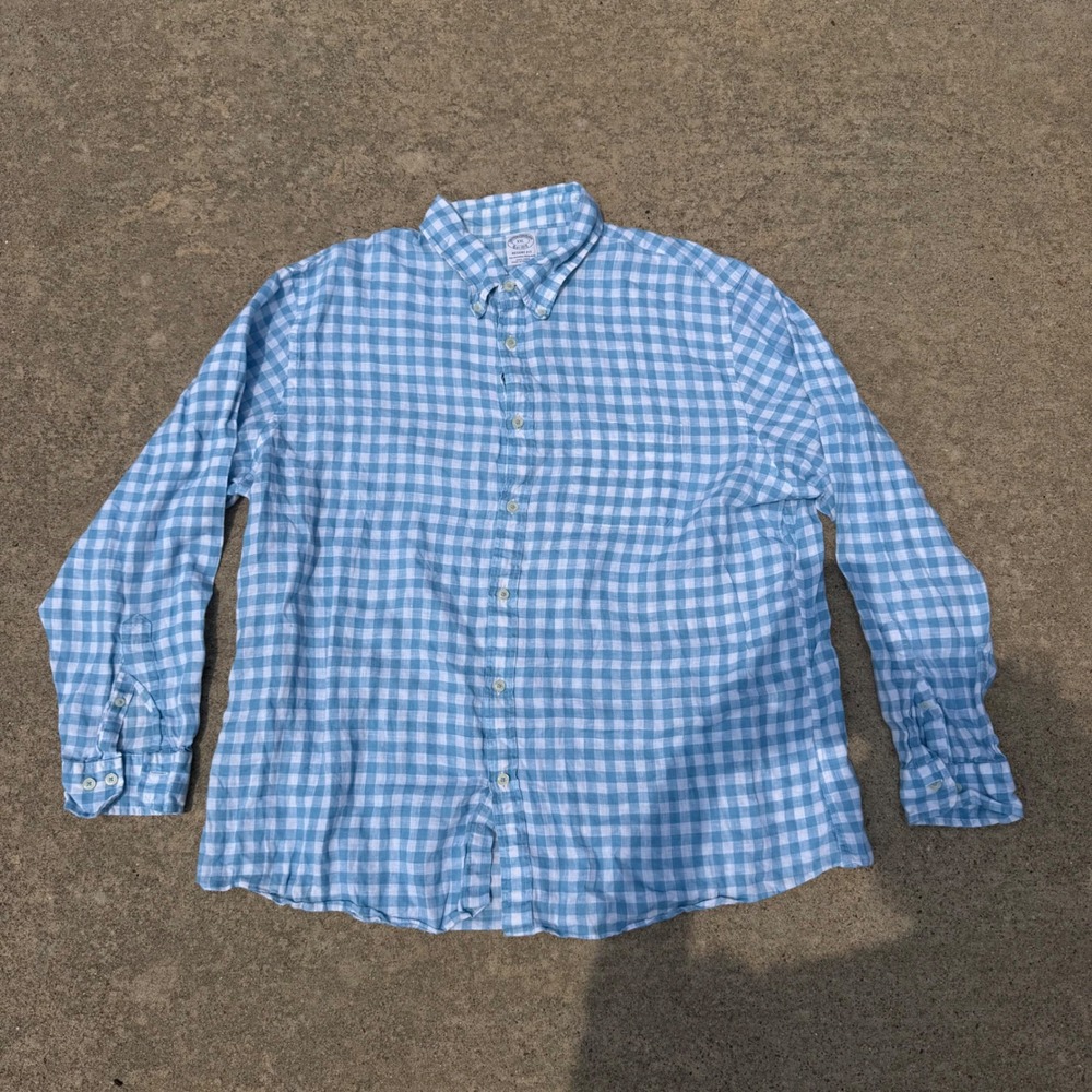 Brooks Brothers XXL Regent Fit Irish Linen Gingham Shirt Blue White Baird McNutt